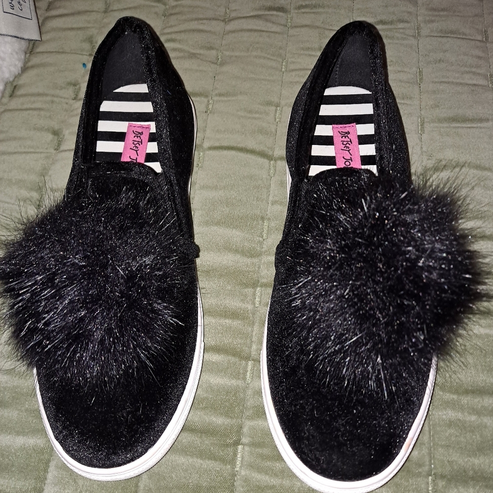 Besty Johnson suede black sneakers size 8 1/2 M with black pom poms in front.